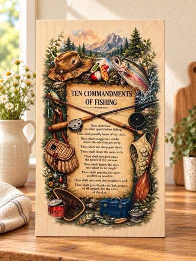 Ten Commandments of Fishing wooden sign