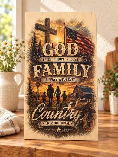 God, Family & Country wooden sign