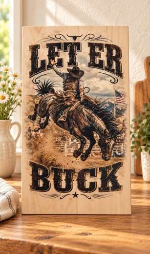 Let 'Er Buck wooden sign