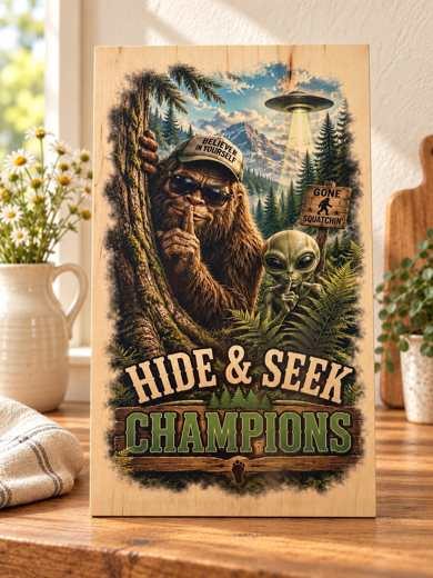 Hide & Seek Champions wooden sign