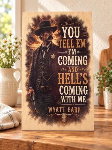 Hell's Coming with Me - Wyatt Earp wooden sign