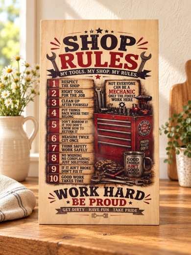 Shop Rules wooden sign