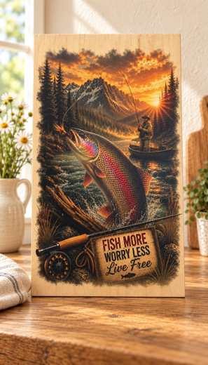 Fish More, Worry Less wooden sign