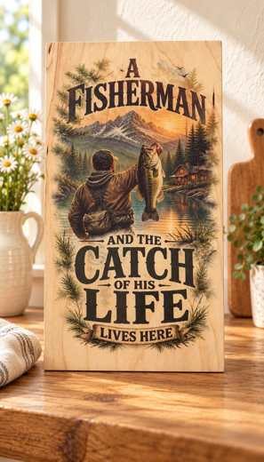 A Fisherman and the Catch of His Life wooden sign