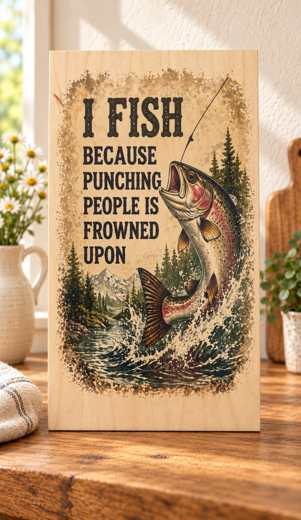 I Fish Because Punching Is Frowned Upon wooden sign