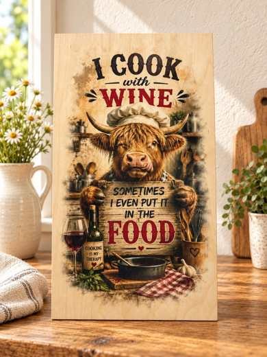 I Cook with Wine - Highland Cow wooden sign