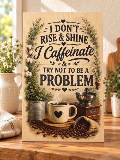 I Caffeinate and Try Not to Be a Problem wooden sign