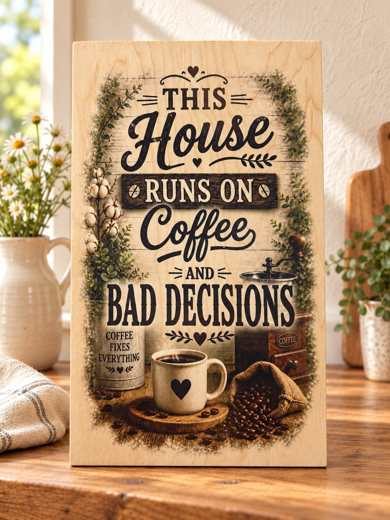 This House Runs on Coffee and Bad Decisions wooden sign