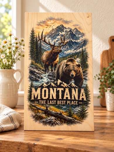 Montana - Elk and Bear wooden sign