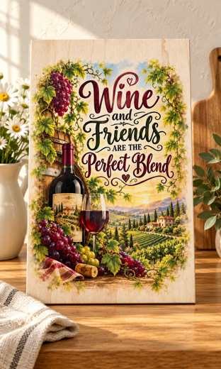 Wine and Friends Are the Perfect Blend wooden sign